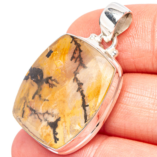Sterling silver dendritic agate pendant, rectangular bezel with yellow stone and black dendrites