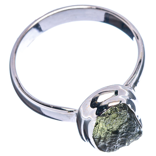 Sterling silver moldavite ring with dark green raw stone, size 8.75, side view