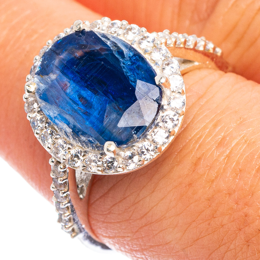 Blue faceted kyanite ring in sterling silver with cubic zirconia halo, size 8
