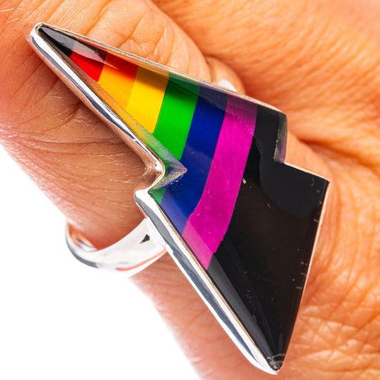 Sterling silver rainbow bolt ring with black enamel triangular face, size 9.75