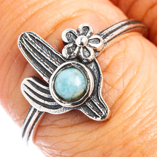 Dainty cactus ring in .925 sterling silver with blue larimar center stone
