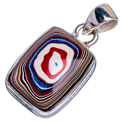 Sterling silver pendant with bail, rectangular fordite with concentric stripes and red/white core