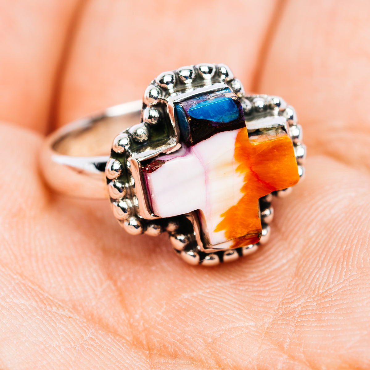 Southwestern Style Spiny Oyster Turquoise Cross Ring Size 7 (.925 Sterling Silver)