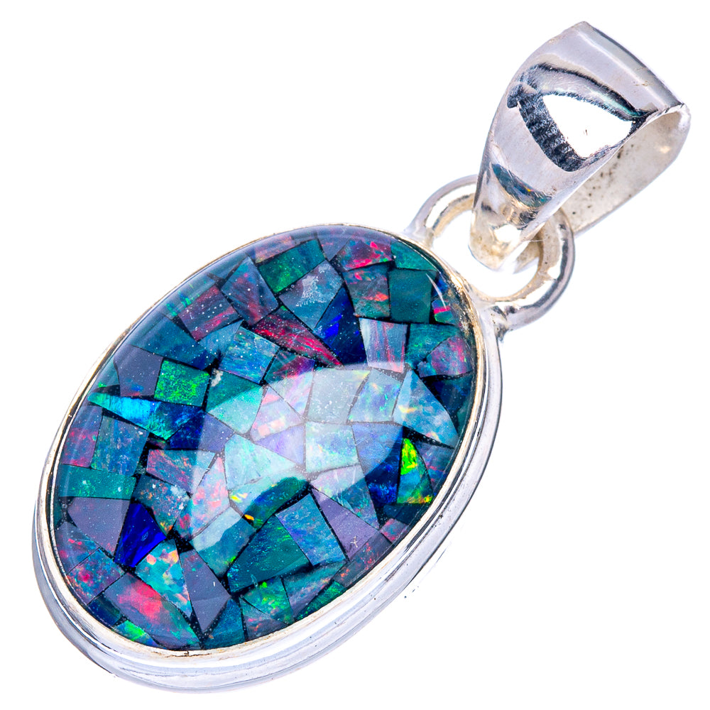 Sterling silver oval opal pendant with multicolor mosaic stone in polished frame