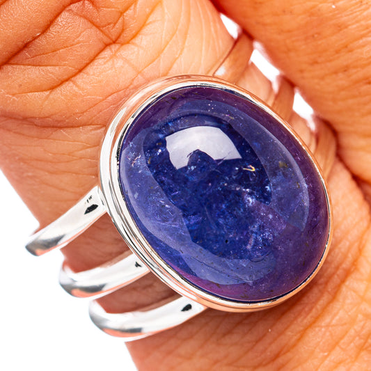 Oval blue gemstone ring in polished .925 sterling silver band, tanzanite style
