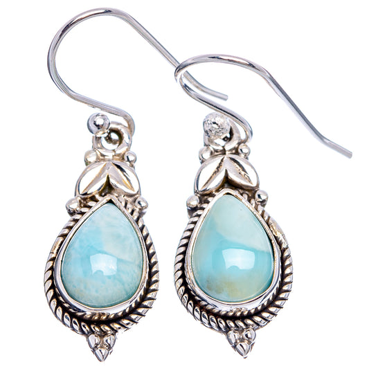 Sterling silver Larimar teardrop earrings with fishhook backs and textured frame
