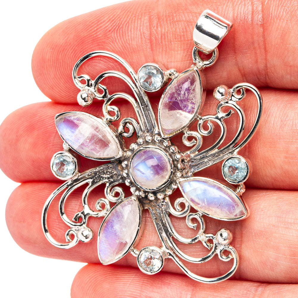 Signature Rainbow Moonstone, Aquamarine Pendant 1 7/8" (.925 Sterling Silver)