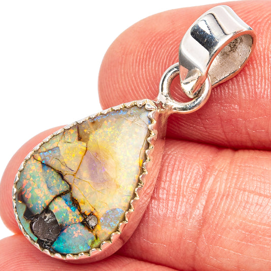 Sterling silver teardrop opal pendant, bezel-set iridescent stone with bail loop