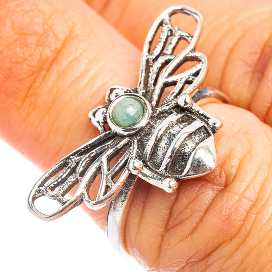 Dainty sterling silver bee ring with green oval amazonite stone