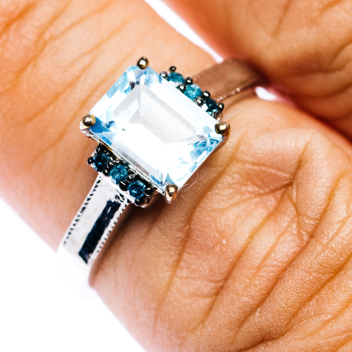 Blue Topaz, Blue Diamond Ring Size 6.75 (.925 Sterling Silver)