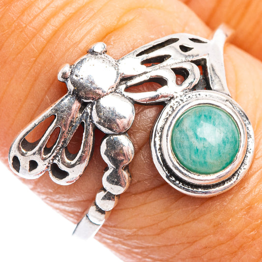 Sterling silver dragonfly ring with turquoise amazonite cabochon and openwork wings