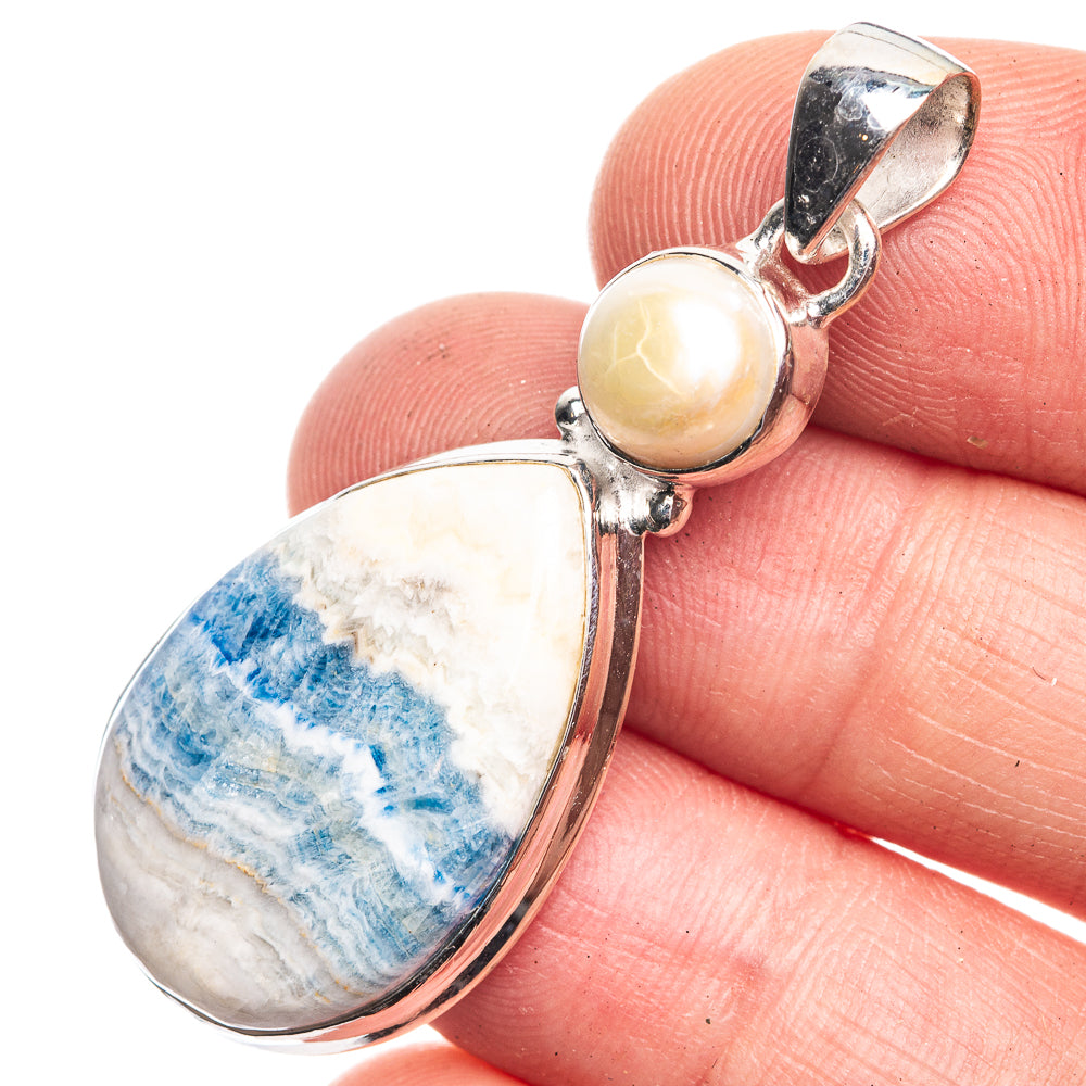Blue scheelite and cultured pearl pendant in 925 sterling silver, teardrop stone with round pearl