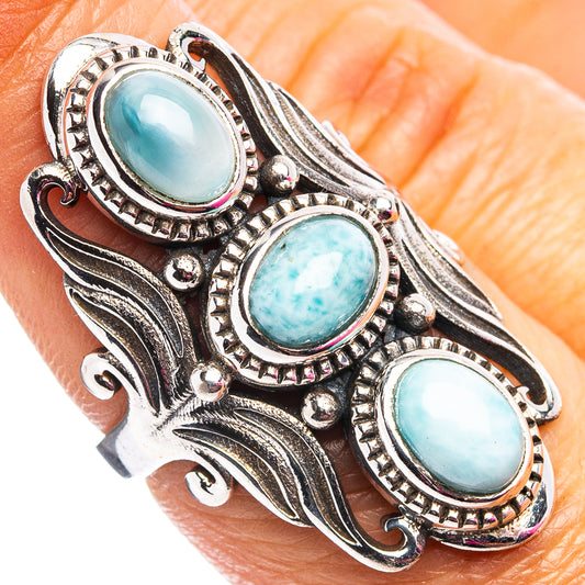 Sterling silver ring with three oval blue larimar cabochons, ornate bezel, size 7