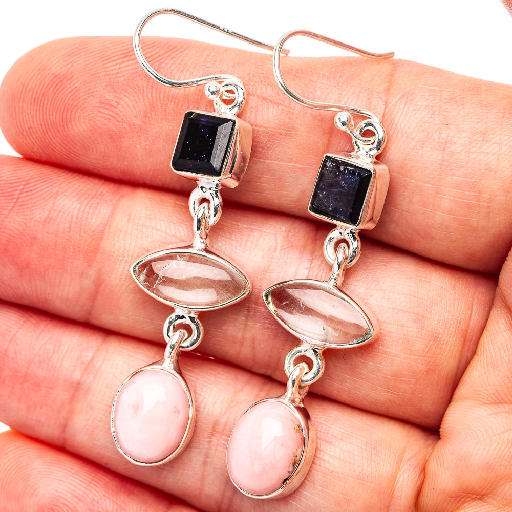 Premium Pink Opal, Aquamarine, Iolite Earrings 2 1/8" (.925 Sterling Silver)