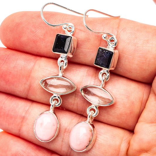 Sterling silver earrings with dark square stones and pink opal drop charms
