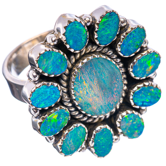 Sterling silver opal doublet ring with bezel-set oval stones and large round opal