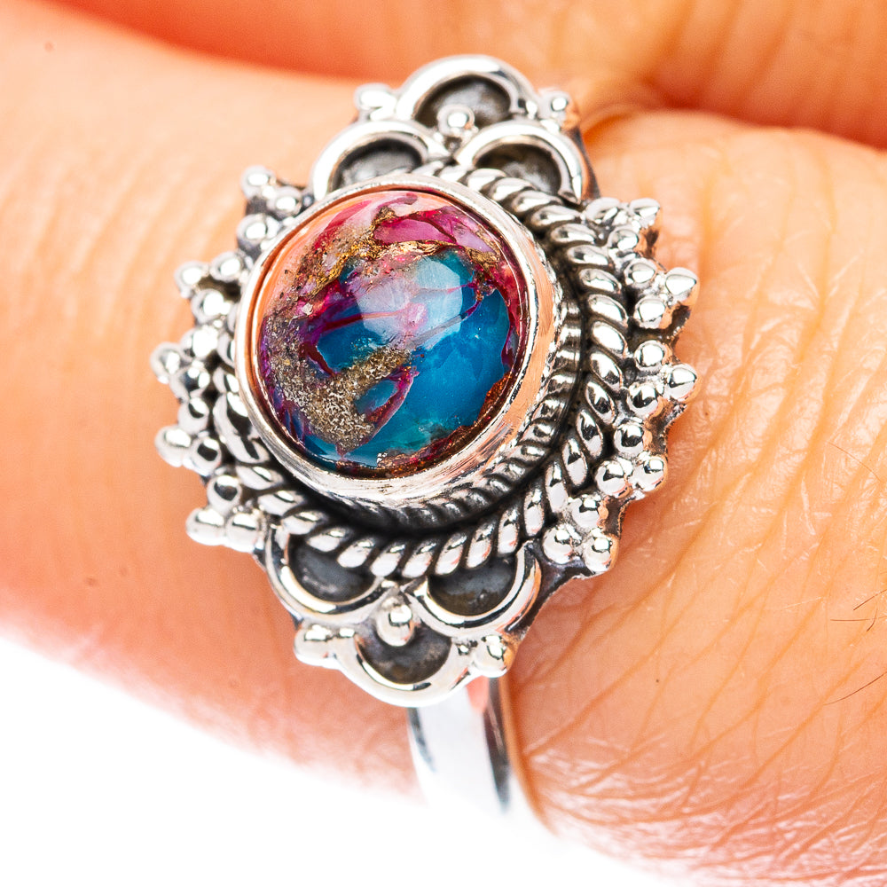 Sterling silver oval gemstone ring with ornate beaded halo, multicolor turquoise and pink cabochon