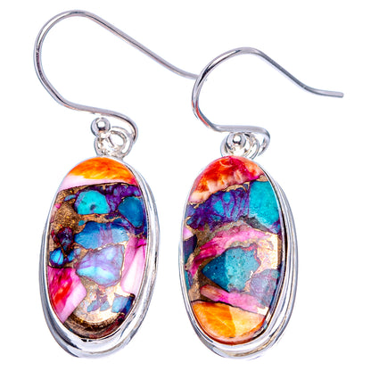 Pair of oval turquoise and multicolor inlay earrings with .925 sterling silver hooks