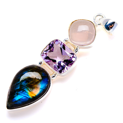 Sterling silver gemstone pendant with purple amethyst, pink rose quartz and labradorite teardrop
