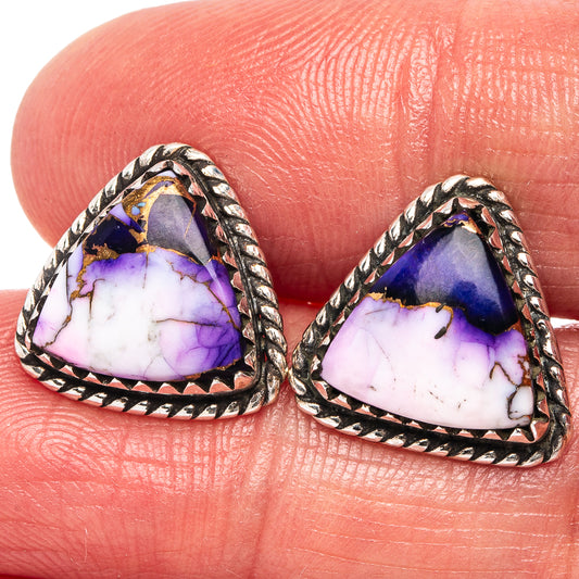 Pair of sterling silver triangle gemstone earrings with purple blue cabochon stones, rope bezel