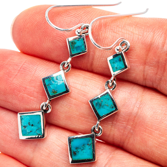 Turquoise stone drop earrings with three square links and silver-tone hooks