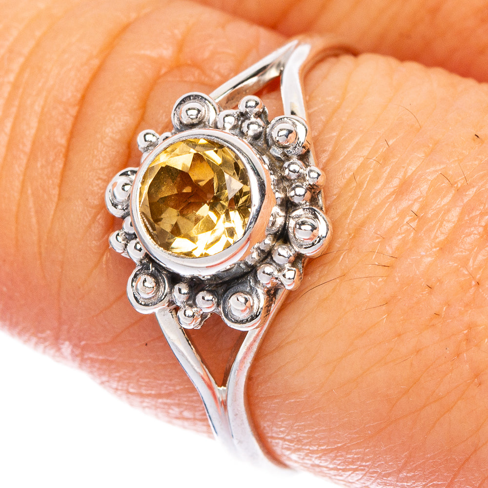 Sterling silver citrine dainty ring with round faceted gemstone halo, size 8.5