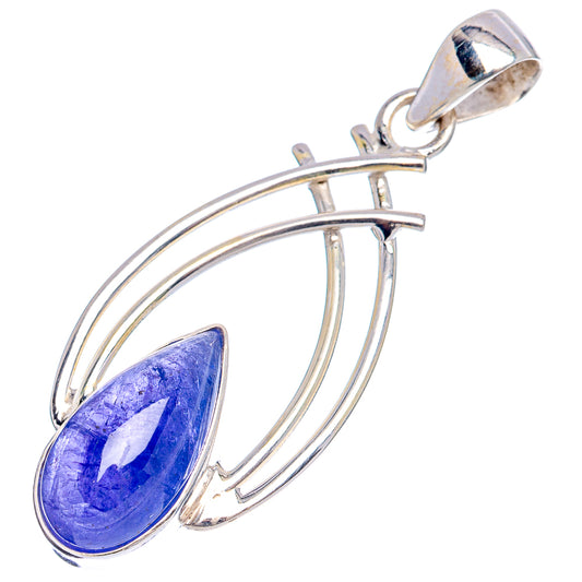 Sterling silver tanzanite pendant with teardrop blue stone and open prong arches