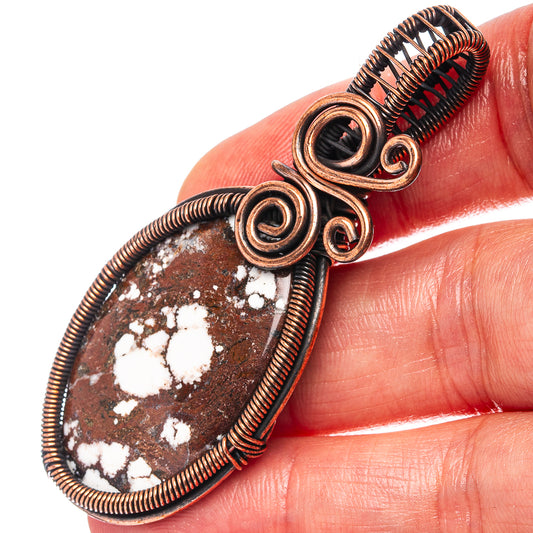 Oxidized copper wire-wrap teardrop pendant with marbled white wild horse jasper cabochon