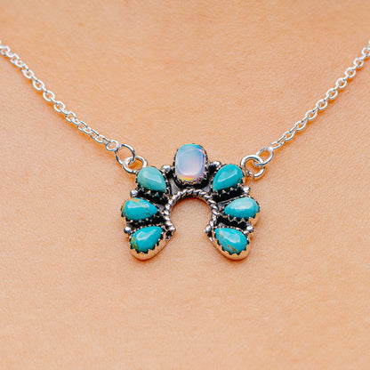 Southwestern Style Aurora Opal, Mohave Turquoise Necklace 17 to 19" (.925 Sterling Silver)