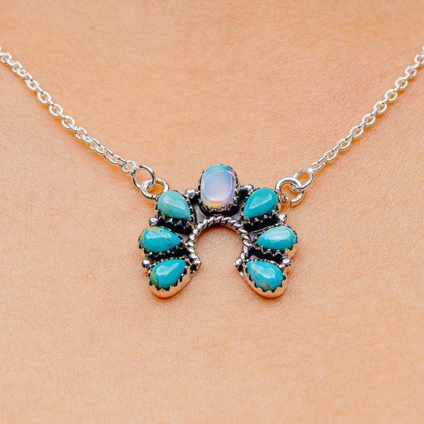 Southwestern Style Aurora Opal, Mohave Turquoise Necklace 17 to 19" (.925 Sterling Silver)