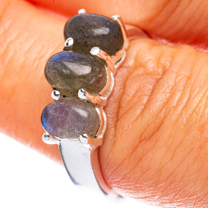 Sterling silver dainty ring with three dark labradorite oval stones, prong set