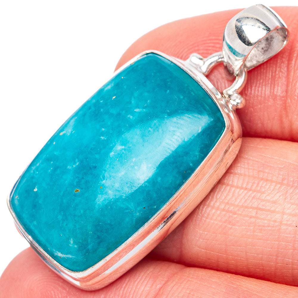 Turquoise rectangular stone pendant, sterling silver bezel and bail, close-up