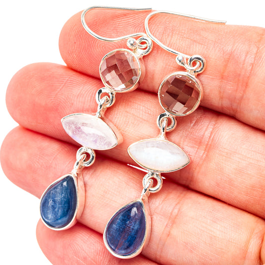 Sterling silver drop earrings with faceted smoky quartz, moonstone oval, kyanite drops