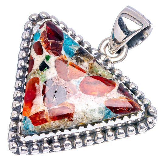 Sterling silver tourmaline matrix pendant with textured bead edge and triangular gemstone.