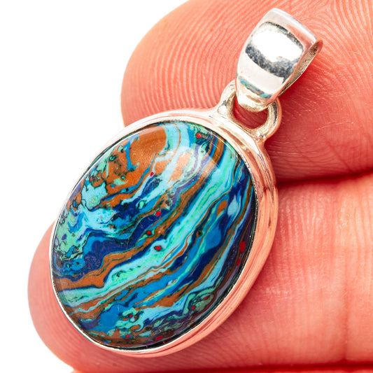 Sterling silver calsilica pendant, oval with blue turquoise and orange swirl stone