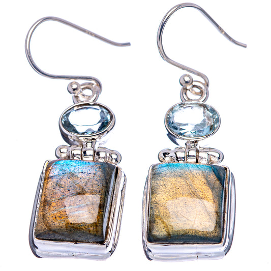 Sterling silver labradorite earrings with blue iridescent rectangular stones and round drops