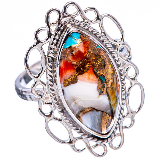 Sterling silver oval spiny oyster turquoise ring, openwork heart surround