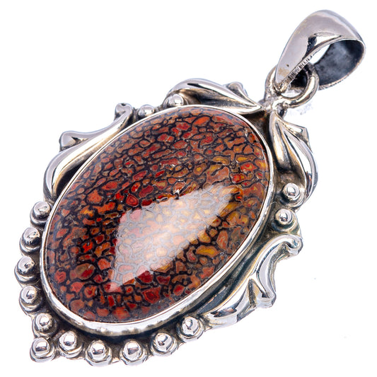 Dinosaur bone pendant in oval .925 sterling silver bezel, red-brown fossil pattern