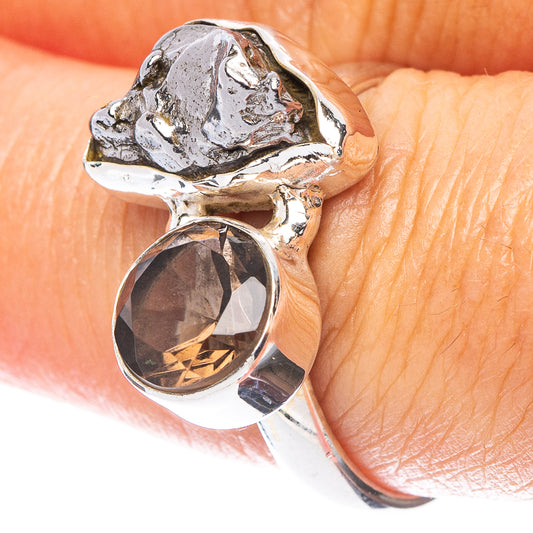 Rare Meteorite, Smoky Quartz Ring Size 8.25 (925 Sterling Silver) R6894