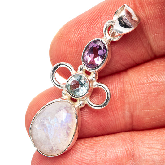 Rainbow Moonstone, Blue Topaz, Amethyst Pendant 1 5/8" (.925 Sterling Silver)