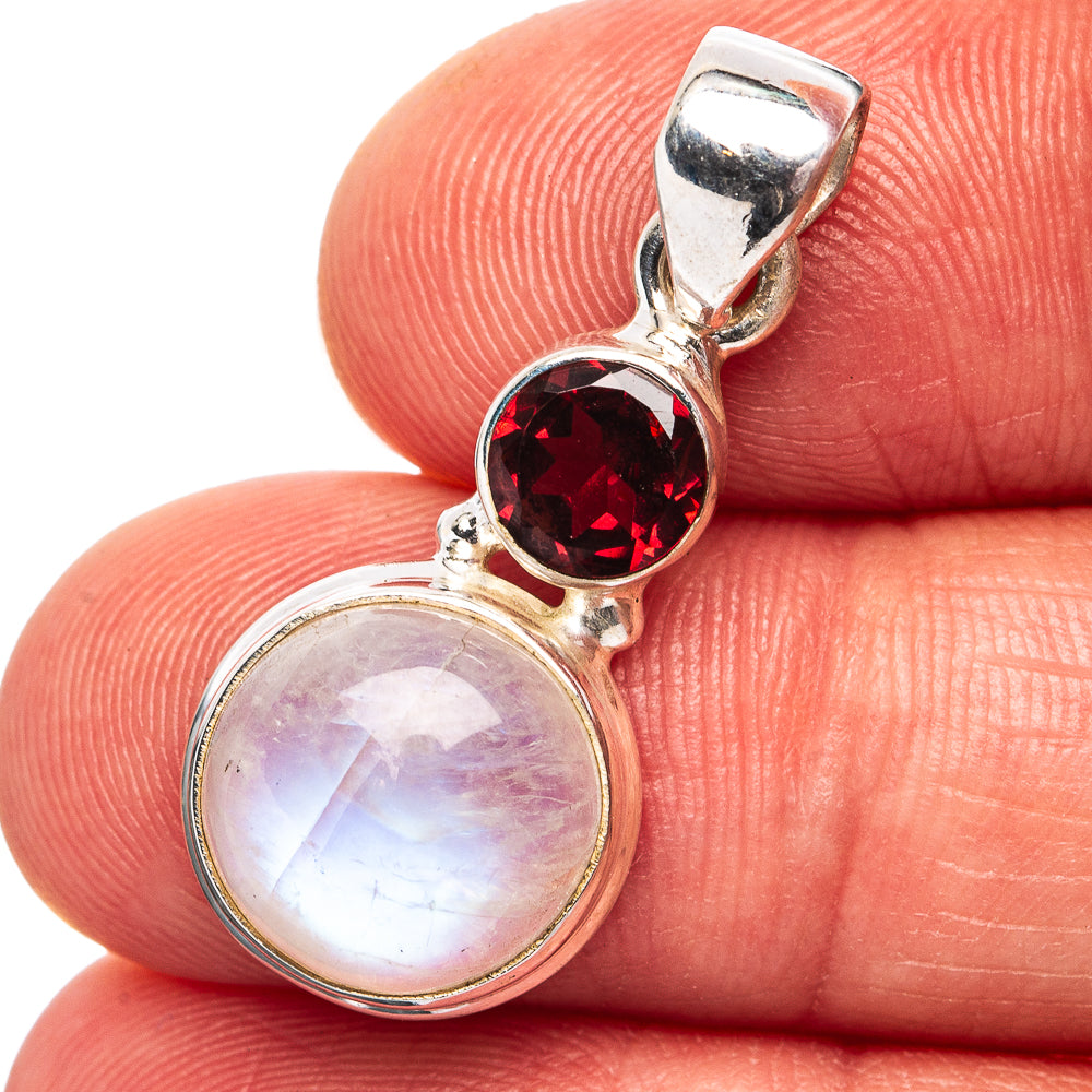 Rainbow Moonstone, Garnet Pendant 1 1/8" (.925 Sterling Silver)