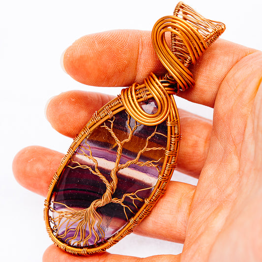 Banded Fluorite Wire Wrap Pendant 3 3/8" (Copper)