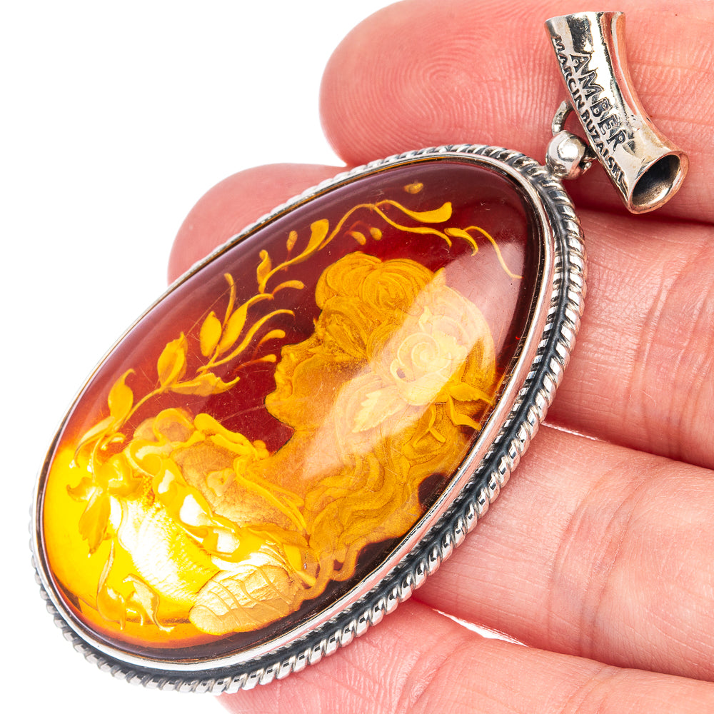 Ana Silver Co Baltic Amber Cameo Pendant 2 3/8" (925 Sterlnig Silver)