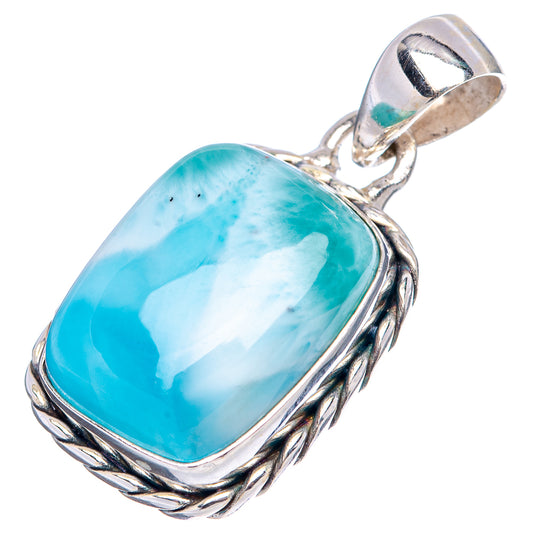 Oval blue larimar pendant with sterling silver twisted bezel and open bail, close angle