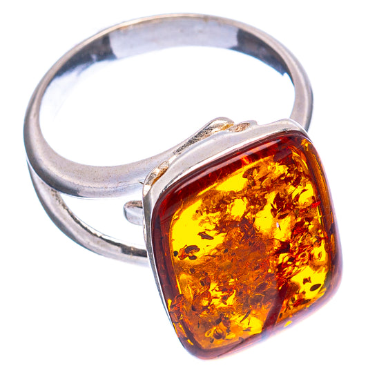 Adjustable silver ring with large amber square cabochon