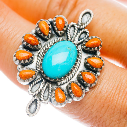 Exclusive Southwestern Style Kingman Turquoise, Sponge Coral Ring Size 7 Adjustable (.925 Sterling Silver)