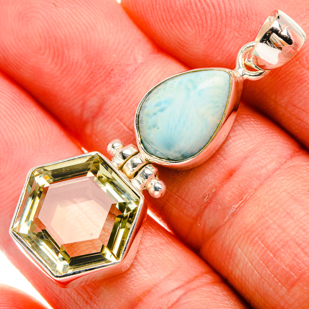 925 sterling silver pendant: faceted green amethyst with blue larimar teardrop