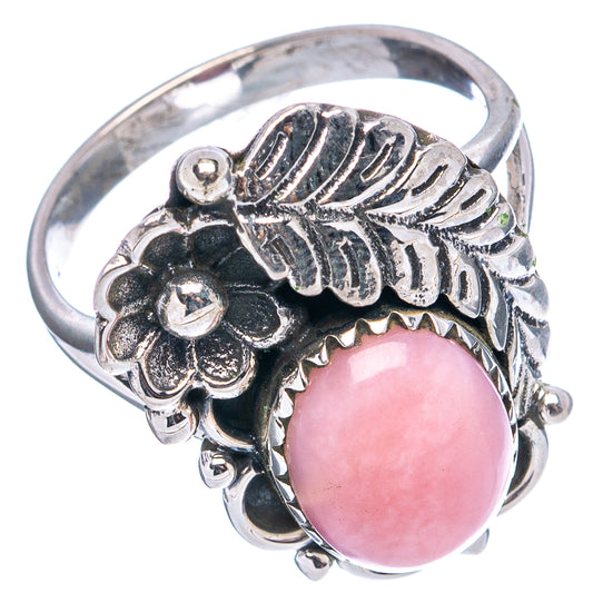 Pink opal sterling silver ring, oval pink stone with leaf and flower design on band