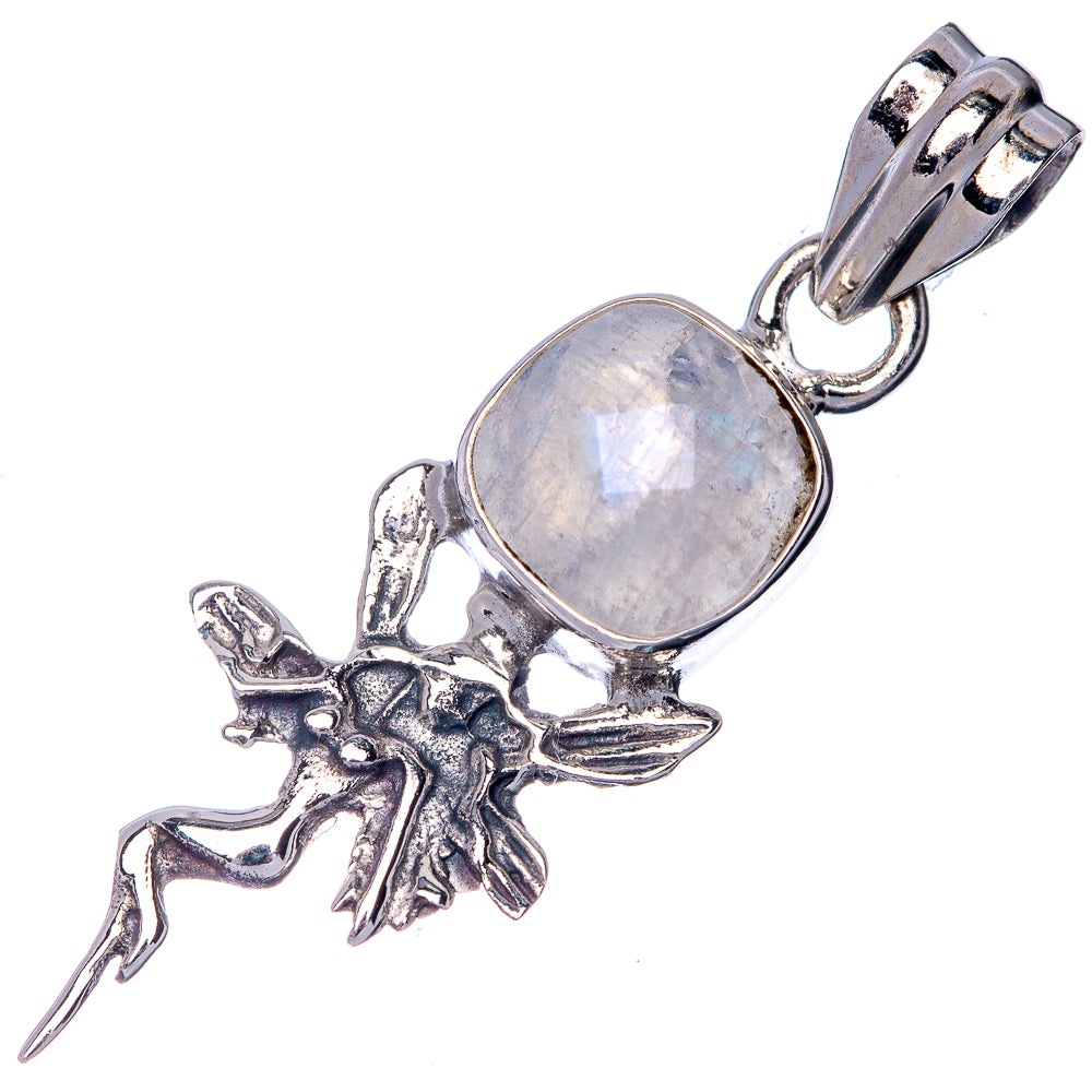 Sterling silver moonstone pendant, oval cabochon with fairy wing design and bail