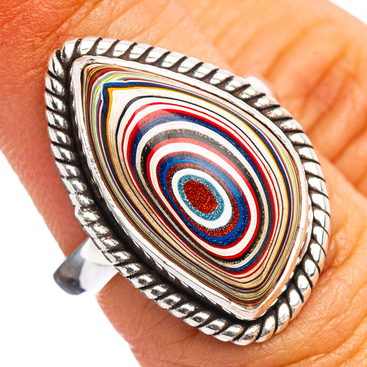 Sterling silver teardrop fordite ring with multicolor swirl stone, braided border; size 5.75